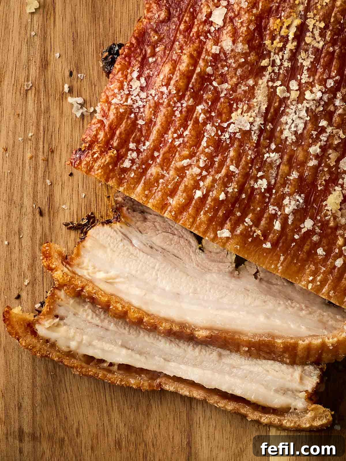 How to Make Crispy Pork Belly with Perfect Crackling Skin 3 A bird's eye view of a cooked joint of pork belly with cracking, with two sliced pieces on a wooden board.