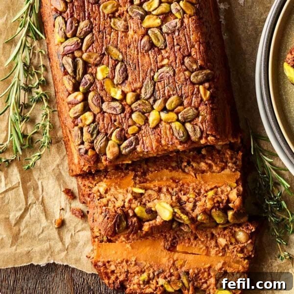 How to Make Crispy Pork Belly with Perfect Crackling Skin 7 A nut roast on baking paper, with a couple of slices laying down to reveal the inside filling.